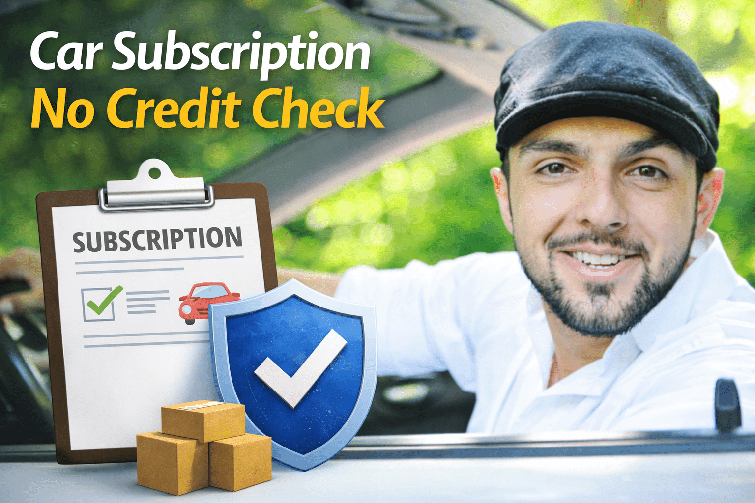 Car subscription no credit check approval concept with driver and subscription document