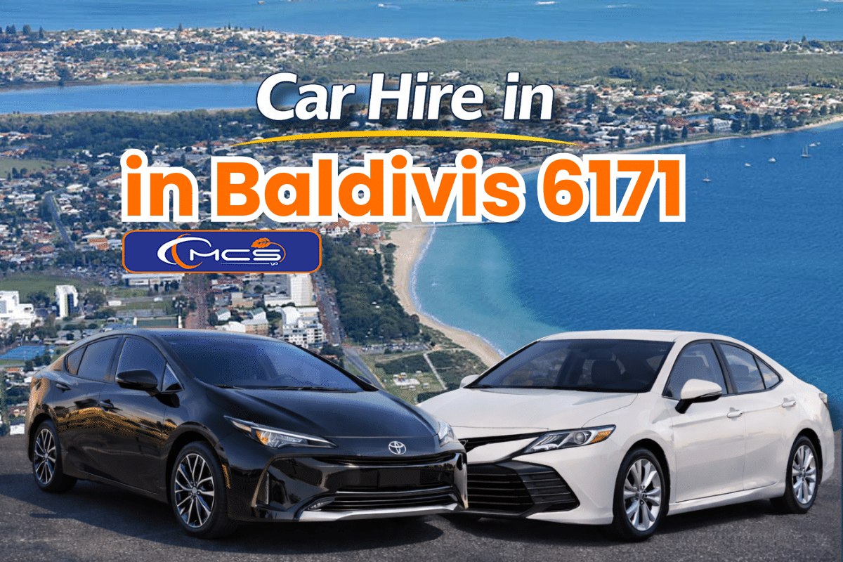 Toyota hybrid vehicles for car hire in Baldivis 6171 with coastal aerial background and MCSyo branding.
