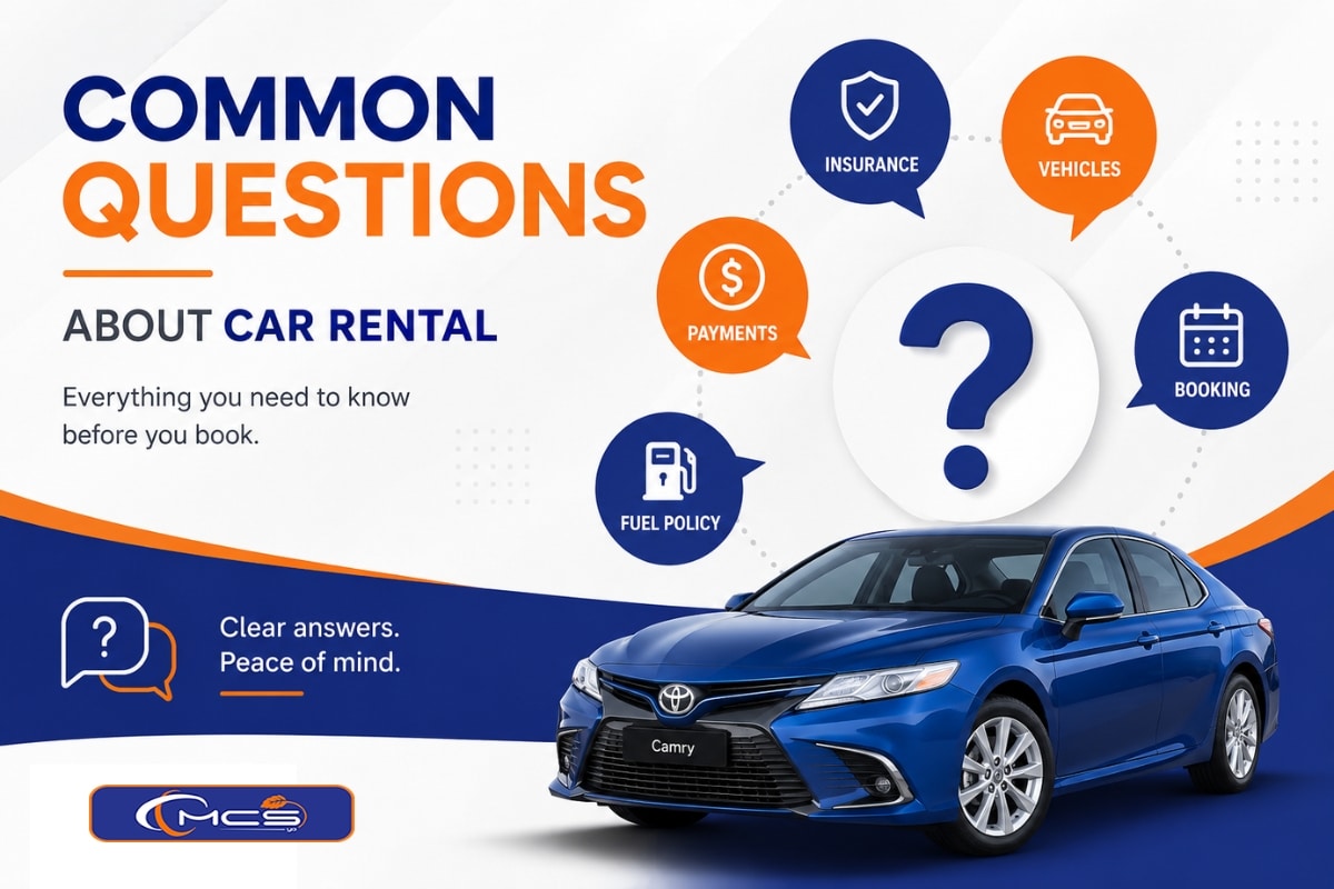 Common questions about car rental, including vehicles, payments, booking and fuel, with a blue Toyota Camry.